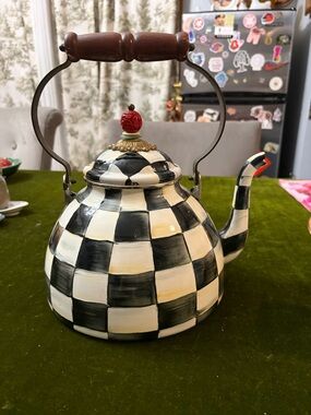 Mackenzie Childs Checkerboard Ceramic Teapot with Red Finial - Black & White